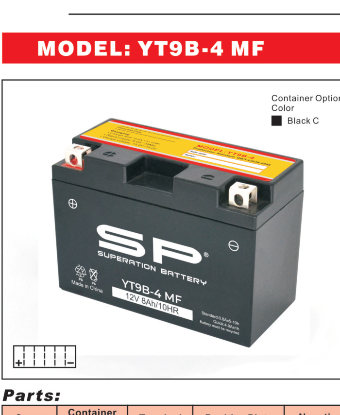 SP YT9B-4 MF Motorcycle Battery 12V 8Ah