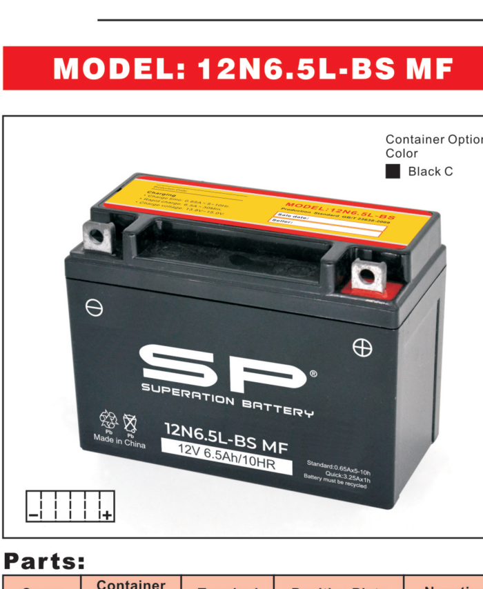 SP 12N6.5L-BS MF Motorcycle Battery 12V 6.5Ah