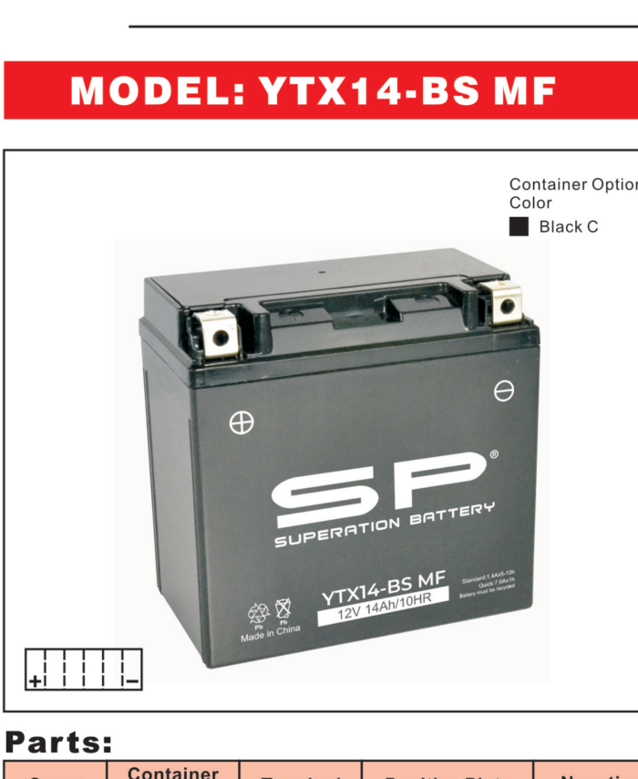 SP YTX14-BS MF Motorcycle Battery 12V 14Ah