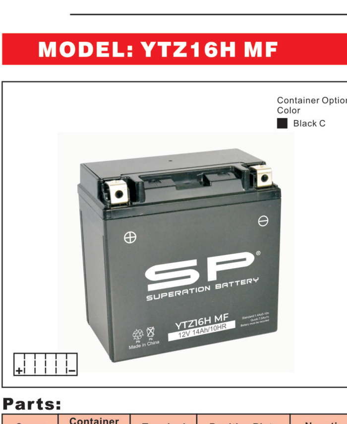 SP YTZ16H MF Motorcycle Battery 12V 14Ah