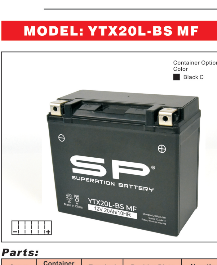SP YTX20L-BS MF Motorcycle Battery 12V 20Ah